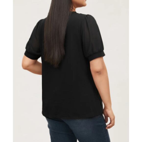 BLOOMCHIC 14-16 1X Plus Black Chiffon Patchwork Puff Sleeve T shirt NWT B88 - Picture 2 of 9